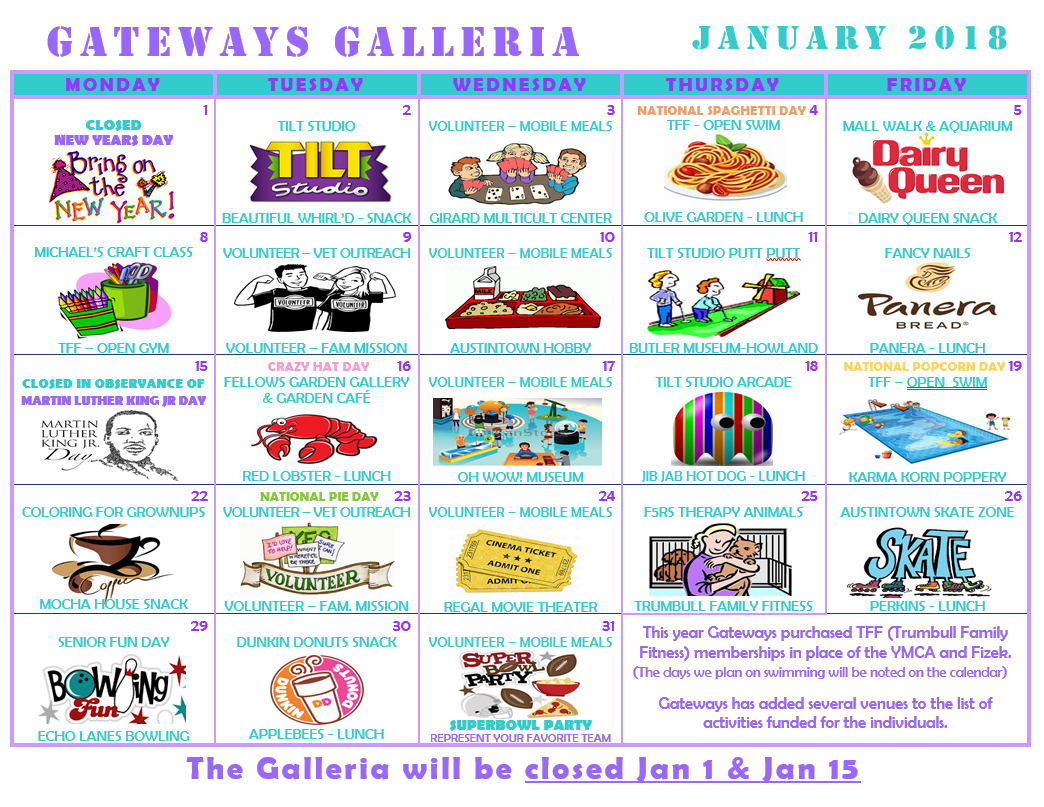 January 2018 Galleria Activity Calendar